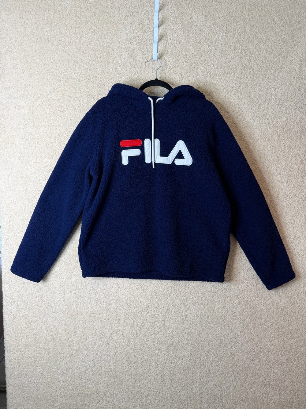 FILA Navy Blue Sherpa Fleece Pullover Logo Hoodie Women’s Size XL